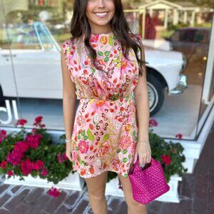 Karlie Pink Floral Satin High Neck Romper Women's size M